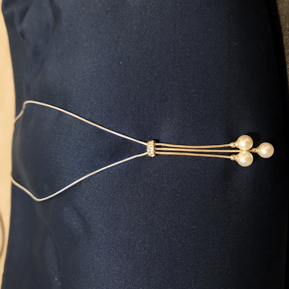 Three Pearl drop stone necklace with crystal details. 16-19 in. adjustable chain